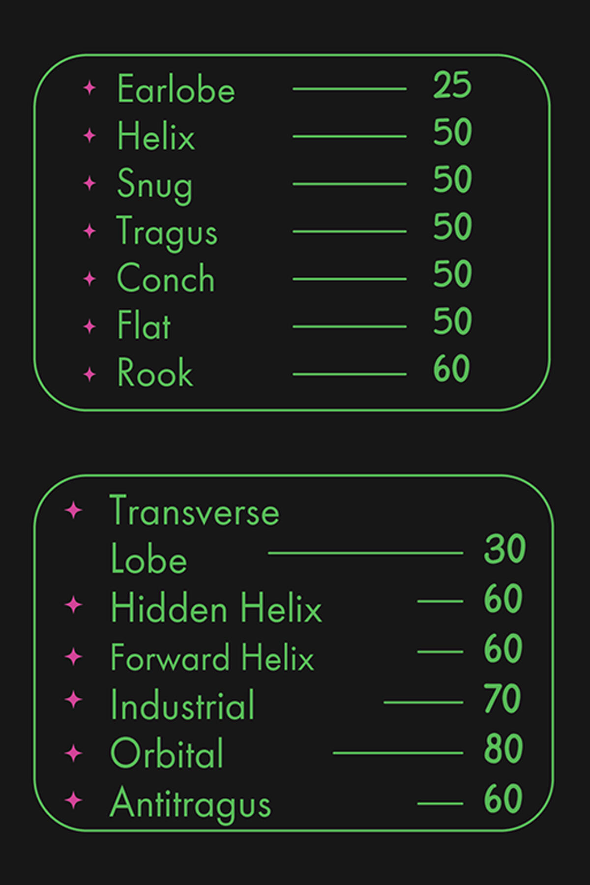 Myst Tattoo Studio piercing price list in Tbilisi, Georgia