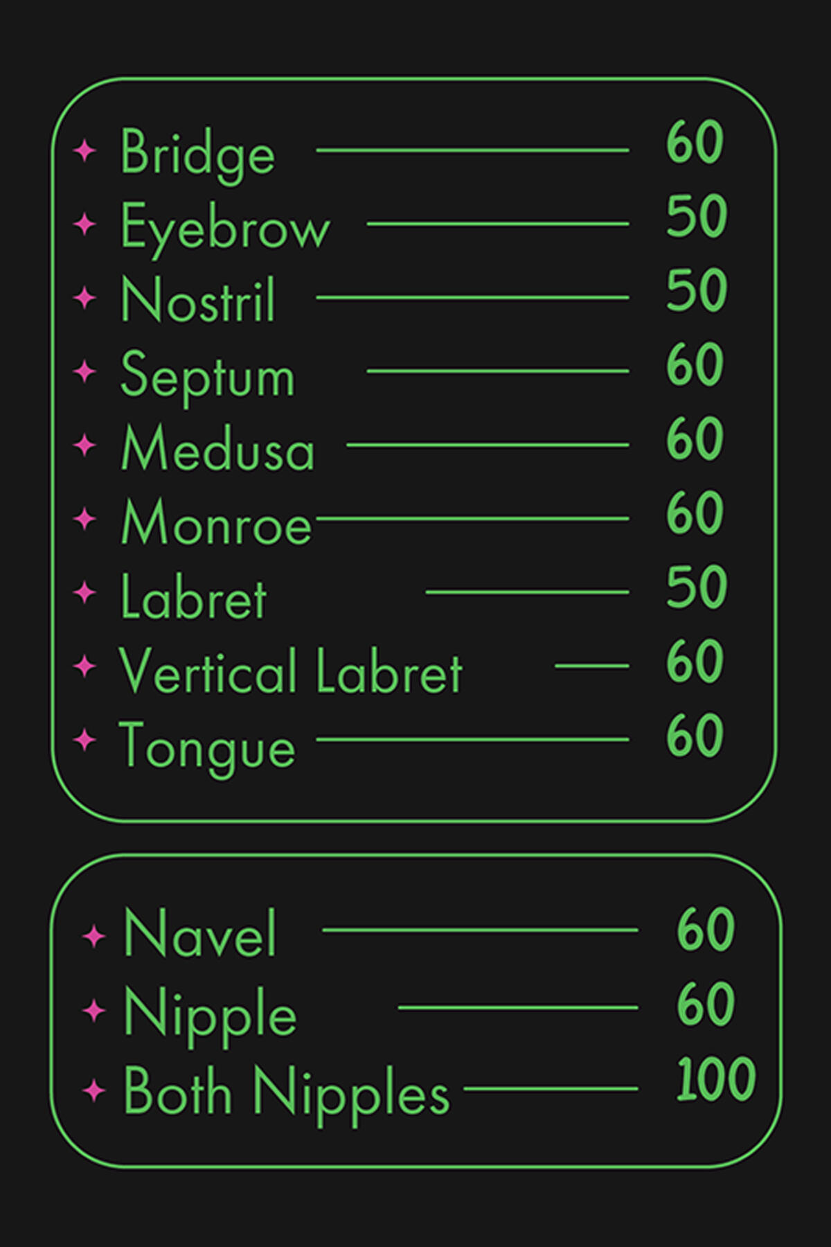Myst Tattoo Studio piercing price list in Tbilisi, Georgia